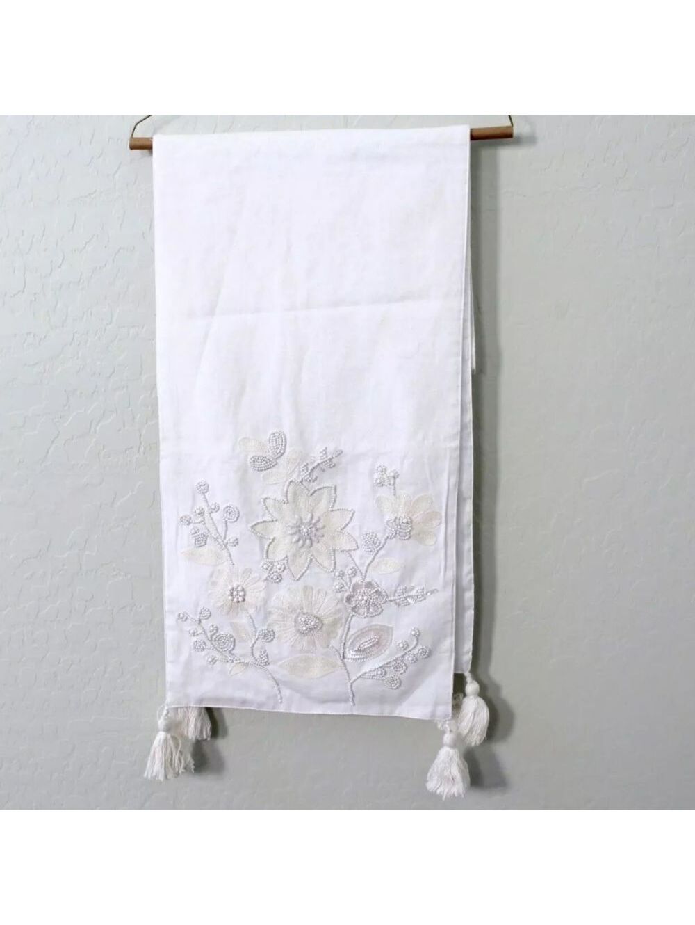 Pier 1 Imports Boho Floral Sequin Beaded White Embroidered Tassel Table Runner